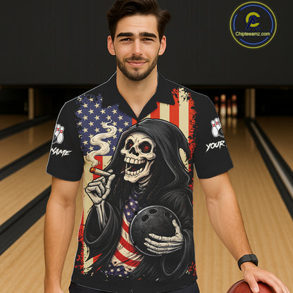 Custom American Flag Skull Bowling button-up shirts, patriotic team Bowling jerseys gift for bowlers NQS11538