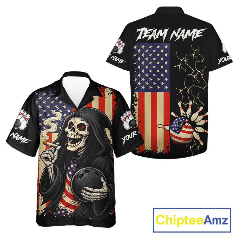 Custom American Flag Skull Bowling button-up shirts, patriotic team Bowling jerseys gift for bowlers NQS11538