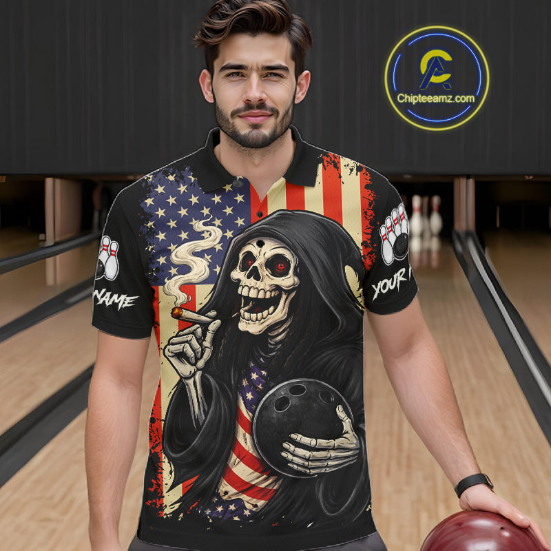 Custom American Flag Skull Bowling shirts For Men, patriotic team Bowling jerseys gift for bowlers NQS11538