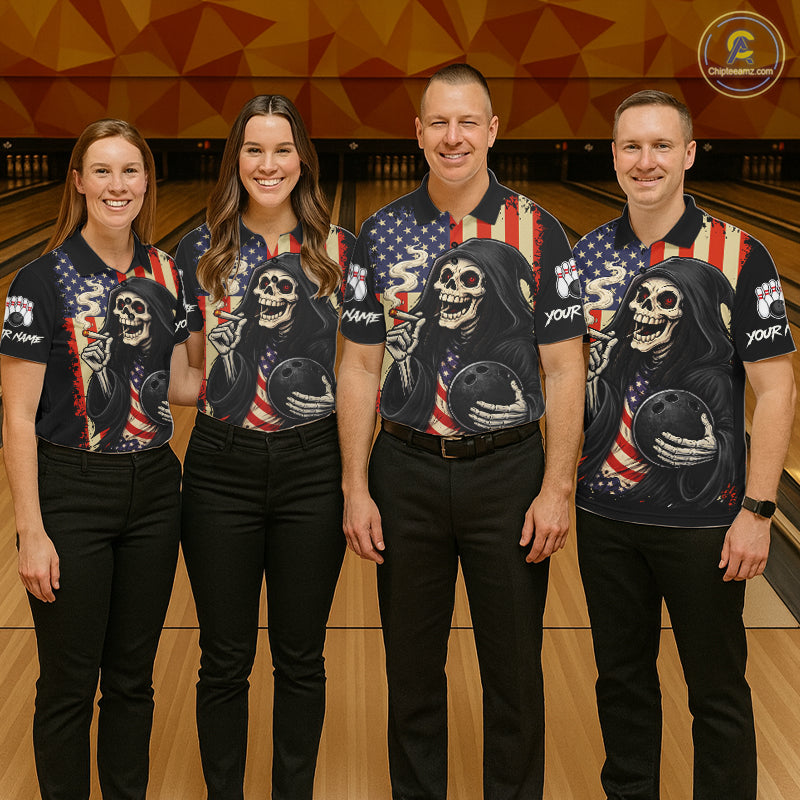 Custom American Flag Skull Bowling shirts For Women, patriotic team Bowling jerseys gift for bowlers NQS11538