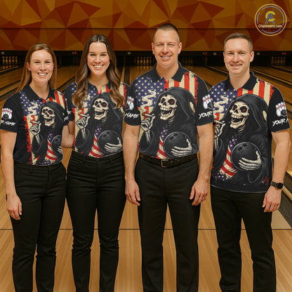 Custom American Flag Skull Bowling shirts For Women, patriotic team Bowling jerseys gift for bowlers NQS11538