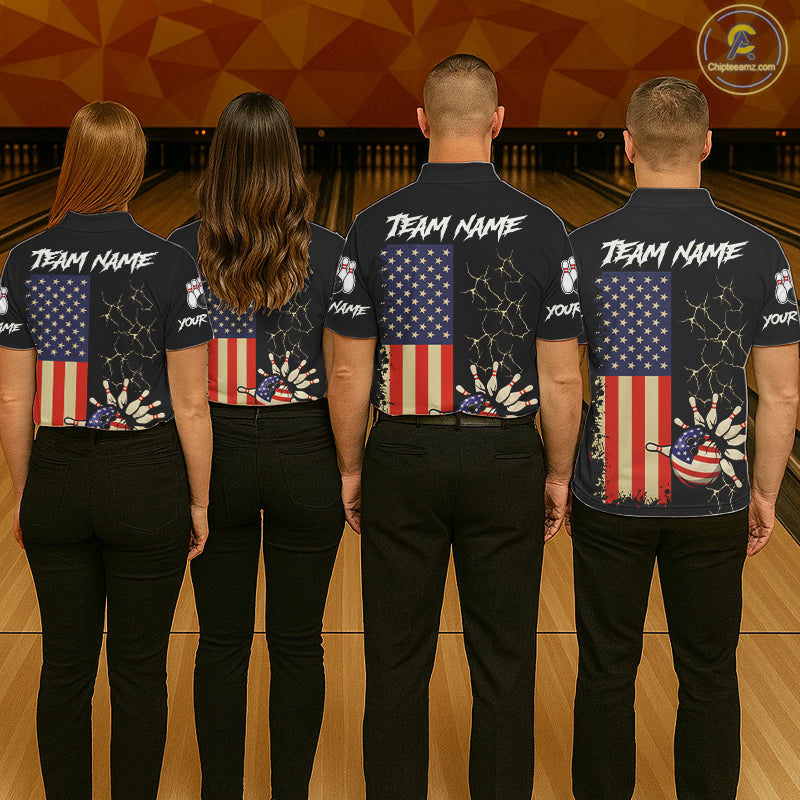 Custom American Flag Skull Bowling shirts For Women, patriotic team Bowling jerseys gift for bowlers NQS11538