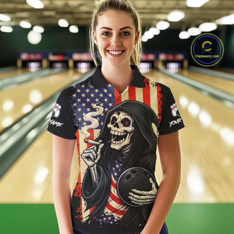 Custom American Flag Skull Bowling shirts For Women, patriotic team Bowling jerseys gift for bowlers NQS11538