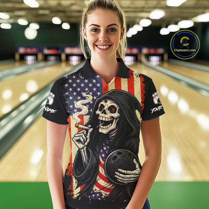 Custom American Flag Skull Bowling shirts For Women, patriotic team Bowling jerseys gift for bowlers NQS11538