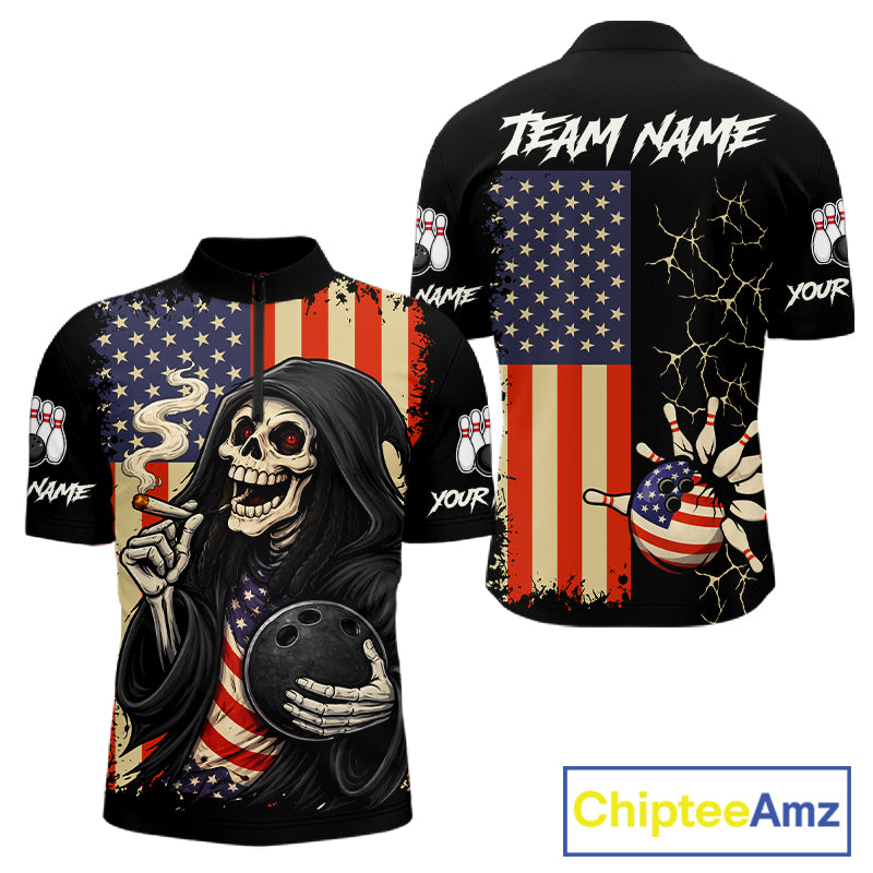 Custom American Flag Skull Bowling shirts For Men, patriotic team Bowling jerseys gift for bowlers NQS11538