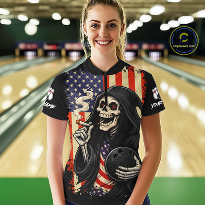 Custom American Flag Skull Bowling shirts For Women, patriotic team Bowling jerseys gift for bowlers NQS11538