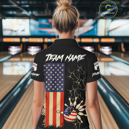 Custom American Flag Skull Bowling shirts For Women, patriotic team Bowling jerseys gift for bowlers NQS11538