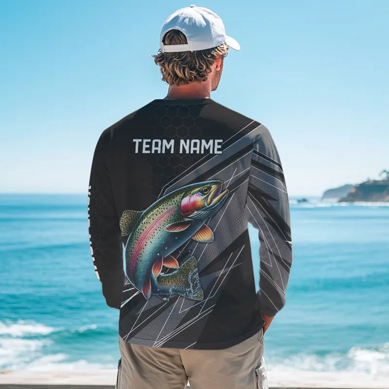 Personalized Black camo Rainbow Trout Fishing Jerseys, Trout Long Sleeve Fishing Tournament Shirts NQS9751