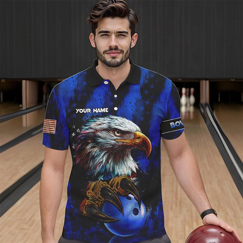 American Flag Eagle Mens Bowling Polo, 1/4 Zip Shirt Custom Name Patriotic Bowling Team Jersey | Blue NQS9755