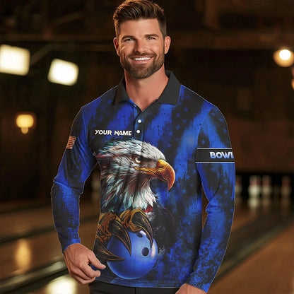 American Flag Eagle Mens Bowling Polo, 1/4 Zip Shirt Custom Name Patriotic Bowling Team Jersey | Blue NQS9755