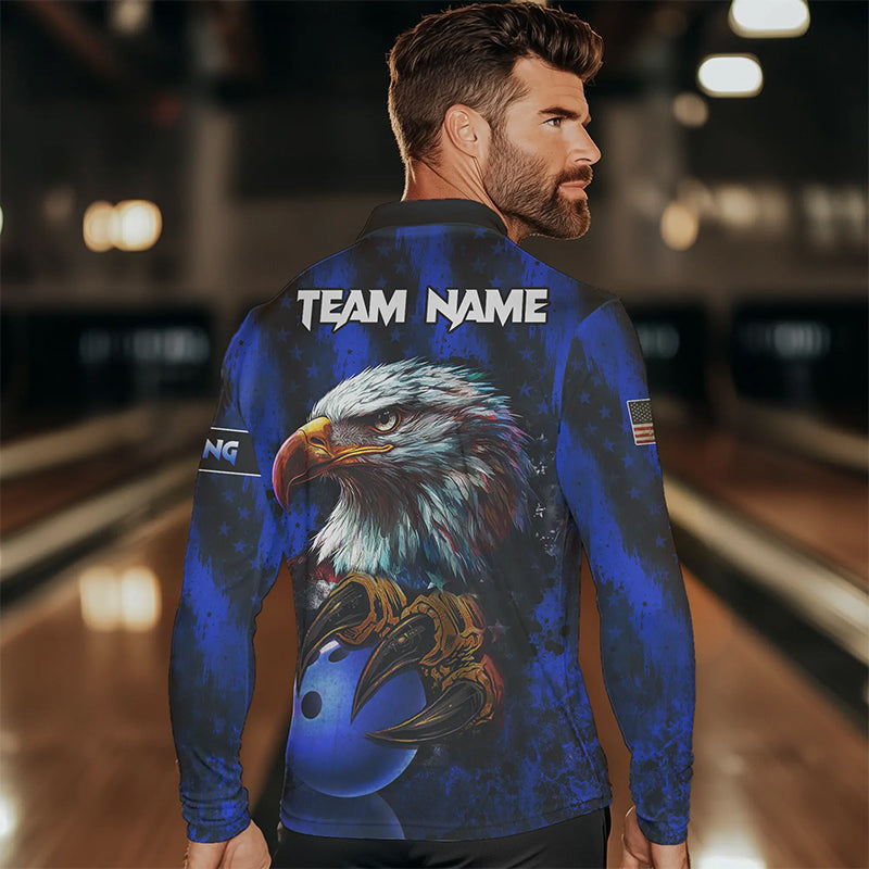 American Flag Eagle Mens Bowling Polo, 1/4 Zip Shirt Custom Name Patriotic Bowling Team Jersey | Blue NQS9755