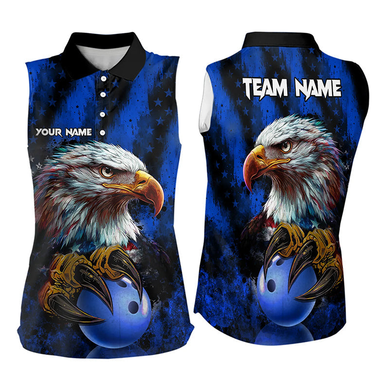 American Flag Eagle Bowling Sleeveless Polo Shirt Custom Name Patriotic Bowling Team Jersey | Blue NQS9755