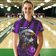 Load image into Gallery viewer, American Flag Eagle Women Bowling Polo, 1/4 Zip Shirt Custom Patriotic Bowling Team Jersey | Purple NQS9756