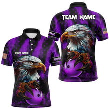 Load image into Gallery viewer, American Flag Eagle Mens Bowling Polo, 1/4 Zip Shirt Custom Patriotic Bowling Team Jersey | Purple NQS9756