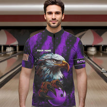 Load image into Gallery viewer, American Flag Eagle Mens Bowling Polo, 1/4 Zip Shirt Custom Patriotic Bowling Team Jersey | Purple NQS9756