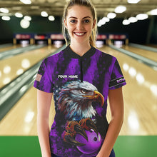 Load image into Gallery viewer, American Flag Eagle Women Bowling Polo, 1/4 Zip Shirt Custom Patriotic Bowling Team Jersey | Purple NQS9756