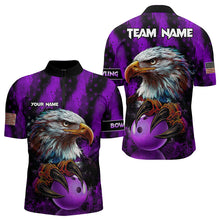 Load image into Gallery viewer, American Flag Eagle Mens Bowling Polo, 1/4 Zip Shirt Custom Patriotic Bowling Team Jersey | Purple NQS9756