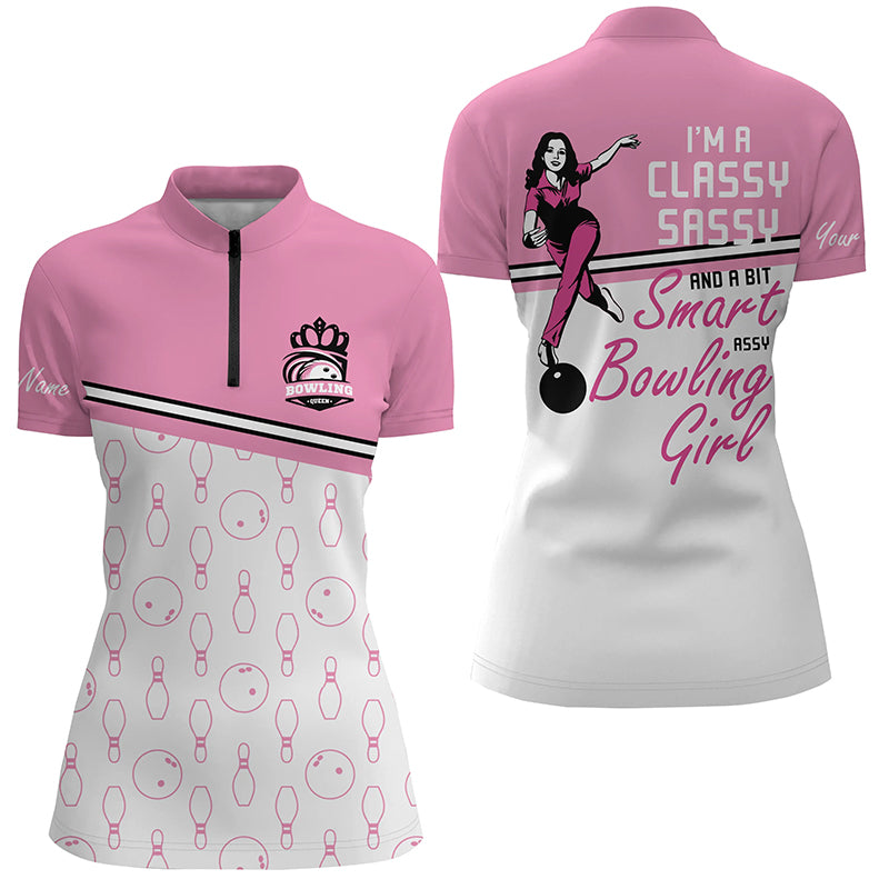 Custom pink bowling shirt for women – personalized team jersey front view