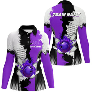 Black white bowling fire league jerseys custom Bowling polo, quarter zip shirts for Women | Purple NQS7669