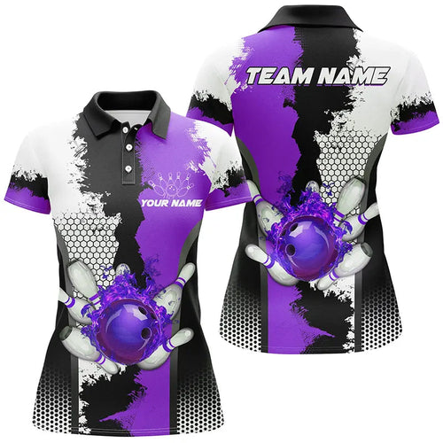 Black white bowling fire league jerseys custom Bowling polo, quarter zip shirts for Women | Purple NQS7669