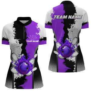 Black white bowling fire league jerseys custom Bowling polo, quarter zip shirts for Women | Purple NQS7669