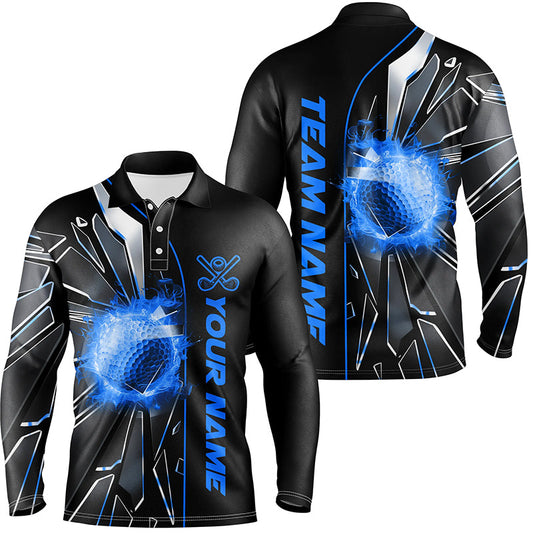 Black and Blue fire golf ball broken glass custom Mens golf polo shirts, golf gifts for men NQS7676