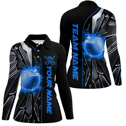 Black and Blue fire golf ball broken glass custom Women golf polo shirts, golf gifts for ladies NQS7676