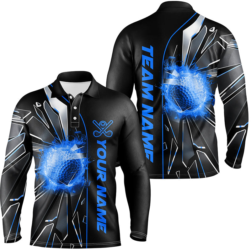 Black and Blue fire golf ball broken glass custom Mens golf polo shirts, golf gifts for men NQS7676