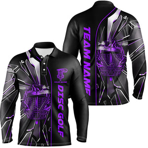 Black and Purple fire disc golf basket broken glass custom Men disc golf polo shirts, disc golf jersey NQS7677