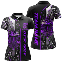 Load image into Gallery viewer, Black &amp; Purple fire disc golf basket broken glass custom Women disc golf polo shirts, disc golf jersey NQS7677