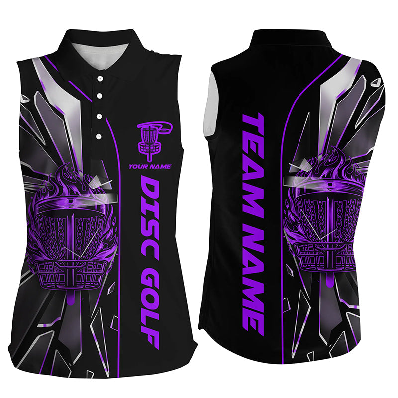 Black and Purple fire disc golf basket broken glass custom Womens sleeveless disc golf polo shirt NQS7677