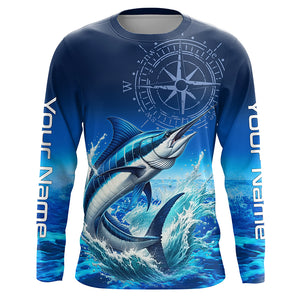 Personalized Marlin Blue Long Sleeve Performance Fishing Shirts, Marlin compass tournament Shirts NQS5816