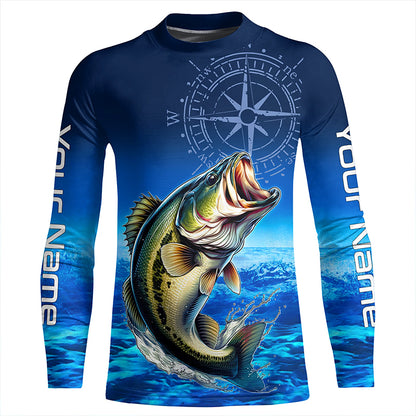 Personalized Bass Blue Long Sleeve Performance Fishing Shirts, Bass compass tournament Shirts NQS5817