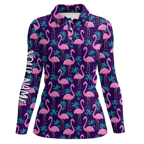 Women golf polo shirt pink flamingos and tropical leaves pattern custom team flamingo golf polo shirts NQS7909