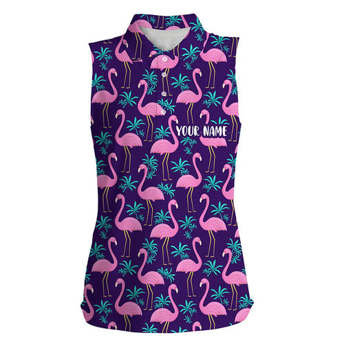 Women sleeveless golf polo shirt flamingos tropical leaves pattern custom flamingo golf polo shirts NQS7909