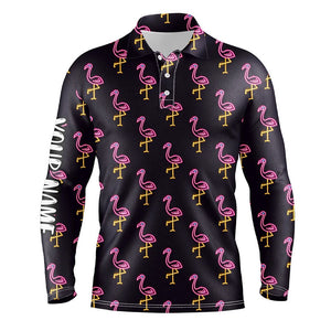 Black Mens golf polo shirt neon pink flamingos pattern custom name team flamingo golf polo shirts NQS7910