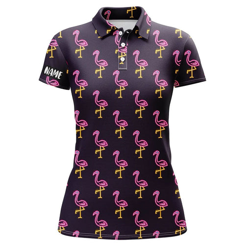 Black Womens golf polo shirt neon pink flamingos pattern custom name team golf polo shirts NQS7910