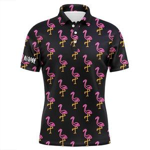 Black Mens golf polo shirt neon pink flamingos pattern custom name team flamingo golf polo shirts NQS7910