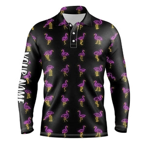 Black Mens golf polo shirt pink neon flamingos pattern custom flamingo golf polo shirts for team NQS7911