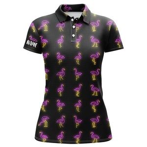 Black Womens golf polo shirt pink neon flamingos pattern custom flamingo golf polo shirts for team NQS7911