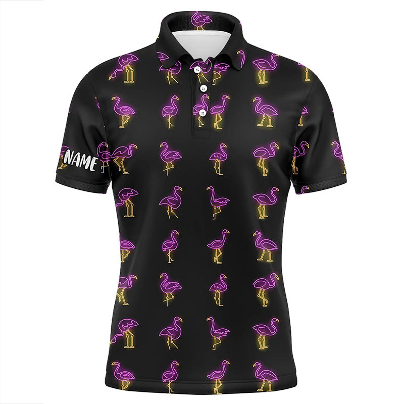 Black Mens golf polo shirt pink neon flamingos pattern custom flamingo golf polo shirts for team NQS7911