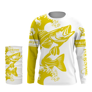 Personalized Walleye fishing tattoo jerseys, Walleye Long Sleeve Fishing tournament shirts | Yellow NQS3825