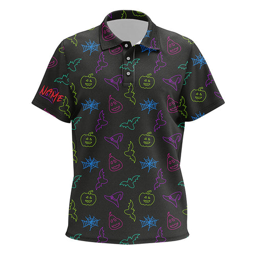 Colorful neon Halloween pattern black Kid golf polos shirt Custom golf attire for kid golfer gift NQS8557