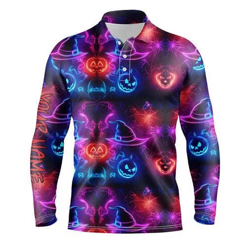 Vibrant neon witch hat pumpkins Halloween Mens Golf Polo Shirt Custom golf attire for men golfer gifts NQS8558