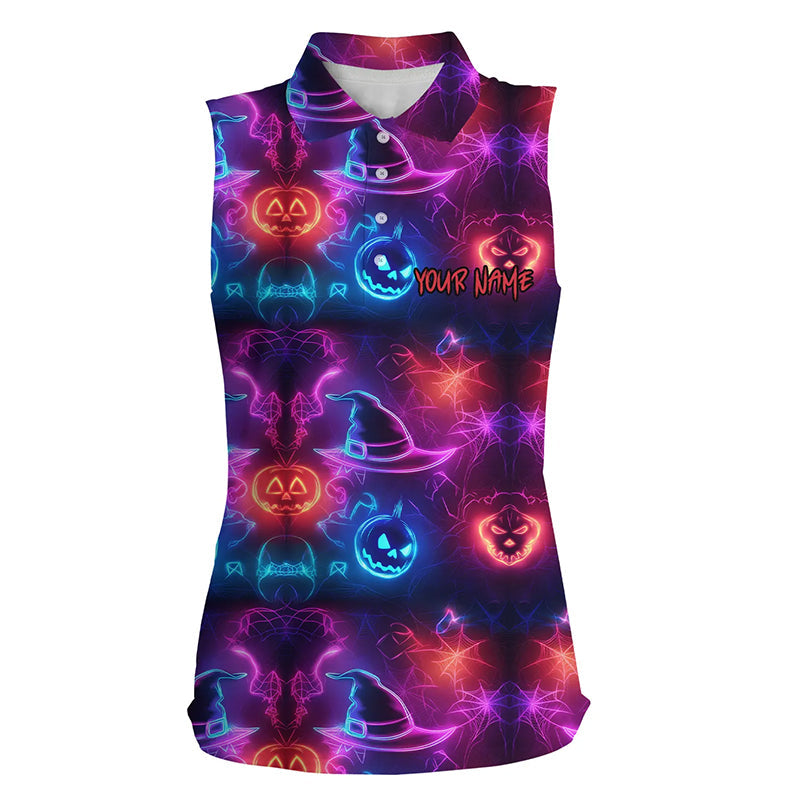 Vibrant neon witch hat pumpkin Halloween Women sleeveless Polo Shirt Custom golf attire for ladies NQS8558