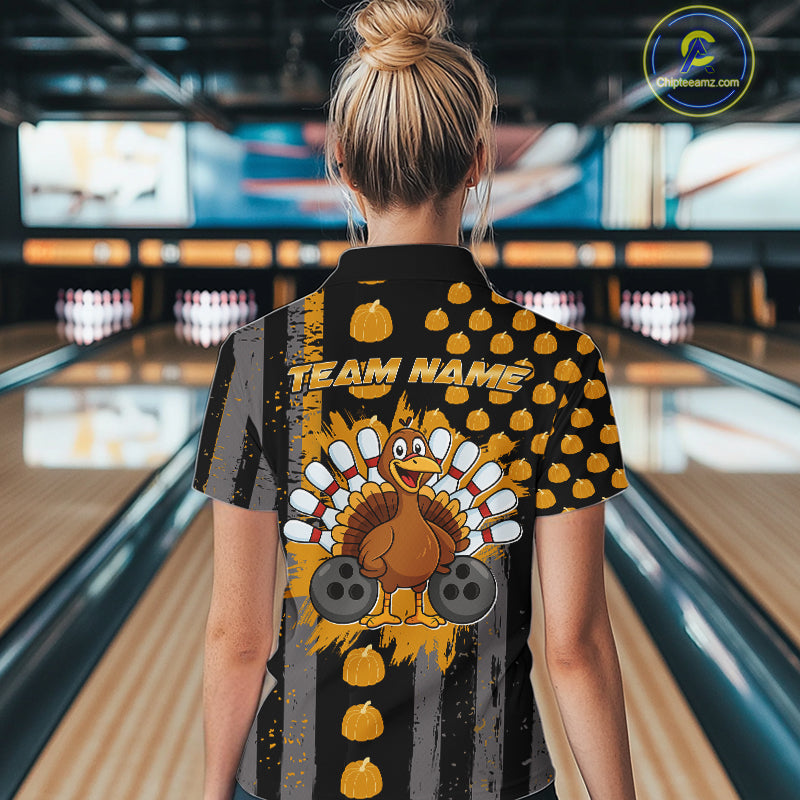 Funny Bowling Shirts For Women Pumpkin American Flag Turkey Thanksgiving Custom turkey bowl shirts NQS10943