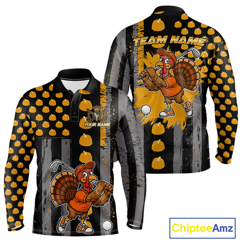 Funny Golf Polo Shirts For Men Custom Pumpkin American Flag Turkey Thanksgiving golf shirt NQS10944