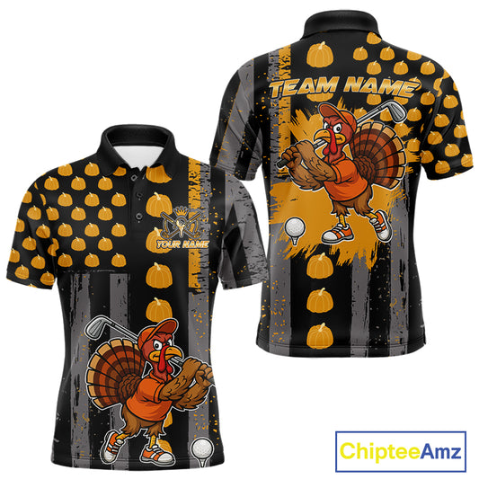 Funny Golf Polo Shirts For Men Custom Pumpkin American Flag Turkey Thanksgiving golf shirt NQS10944