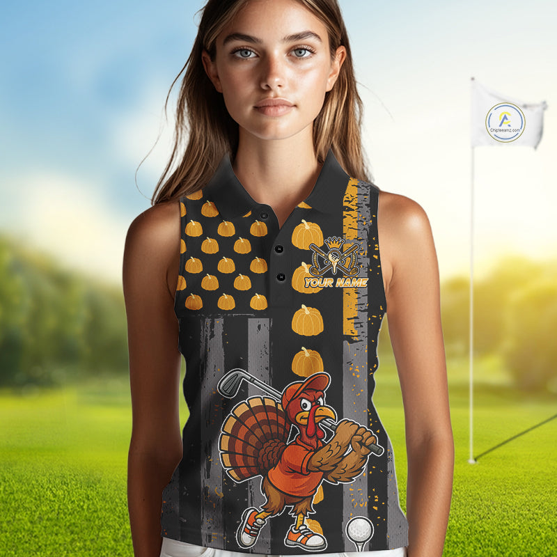 Funny Women Sleeveless Golf Polo Shirt Custom Pumpkin American Flag Turkey Thanksgiving golf shirt NQS10944