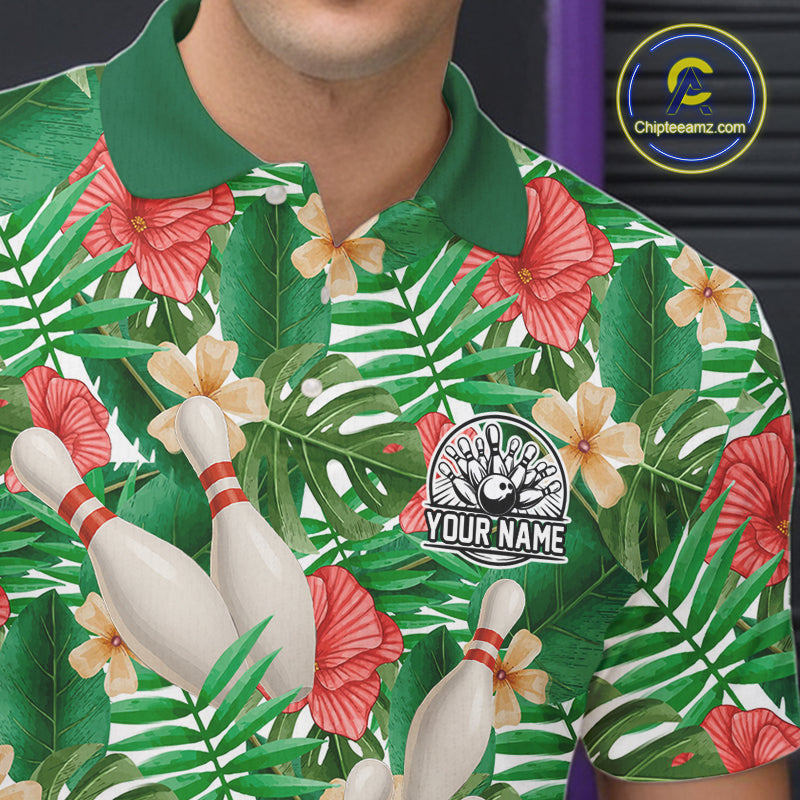 Green tropical flower Bowling Polo, Quarter Zip Shirts For Men Custom bowling team jersey NQS10945